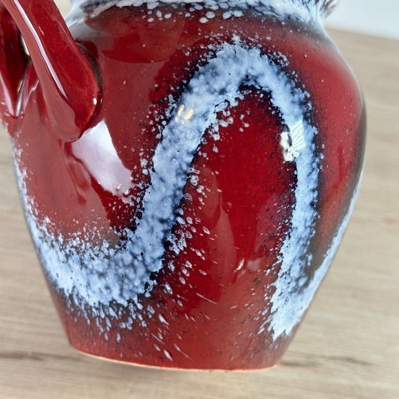 Studio Art Pottery Vase Two Handles Red Navy White Drip Glaze Splatter Squiggly - Picture 6 of 14
